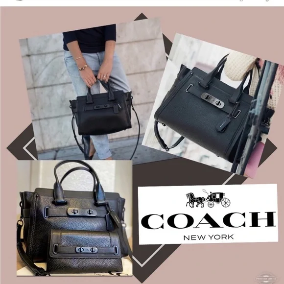 Coach *RARE* Swagger 37 Bag in pebbled black leather and matte black hardware - Picture 2 of 12